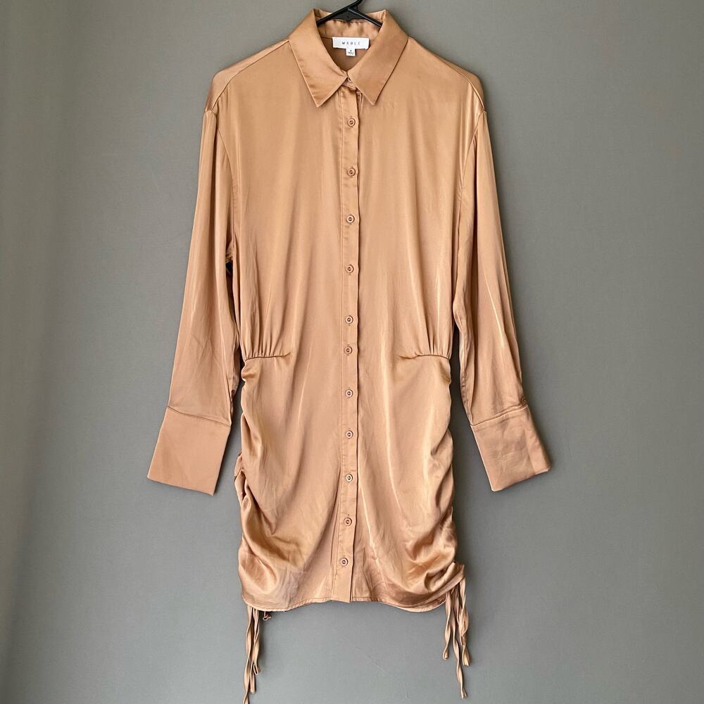 Mable sz S tan silky blouson mini cocktail dress